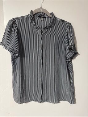 Tahari Black & White Vertical Stripe Ruffle Blouse